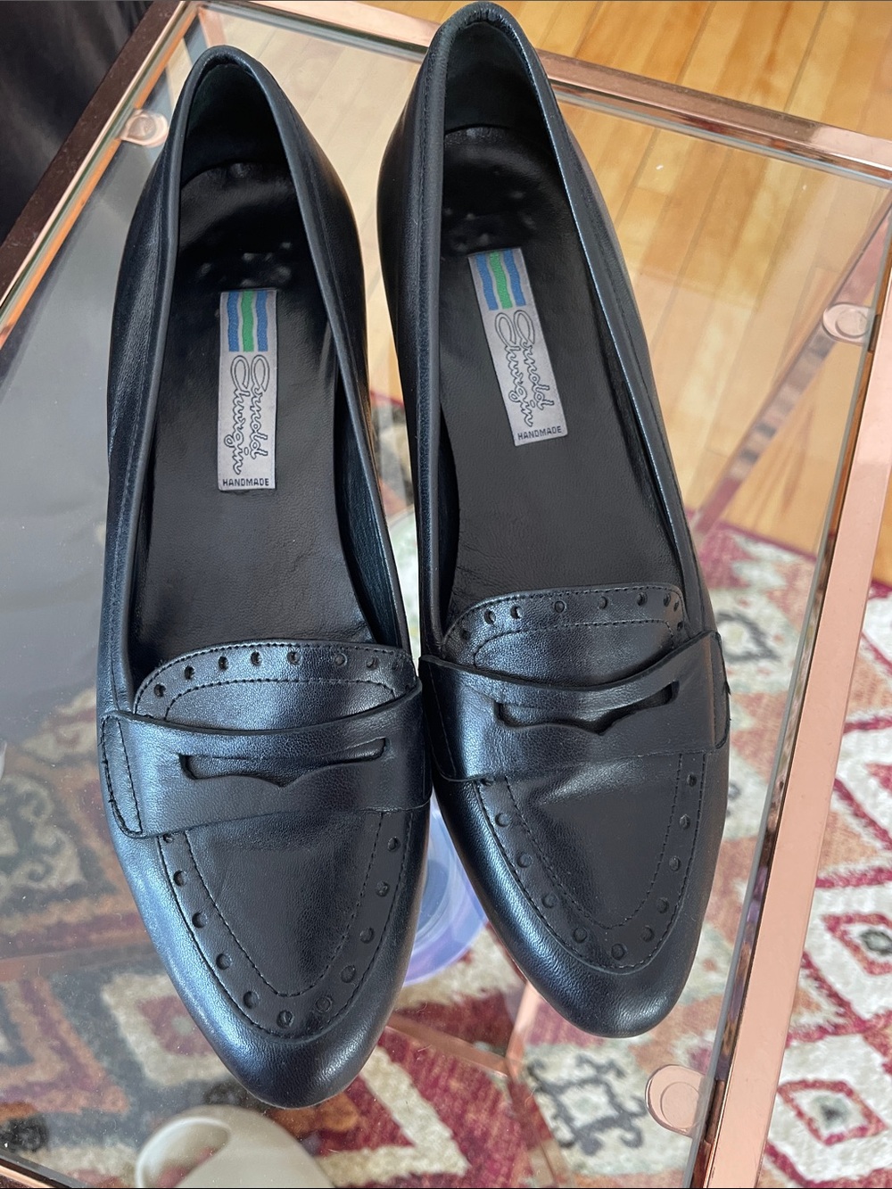 Vintage Arnold Churgin Black Italian Leather Penny Loafers Slip-On Flats
